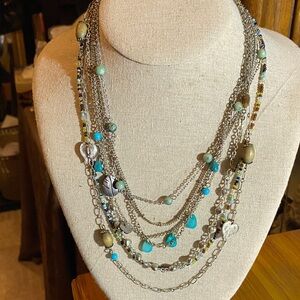 Multi-Layered Silver Necklace with Turquoise Accents